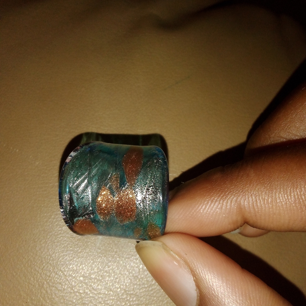 Murano Blue Green and Gold Glass Ring Size 6